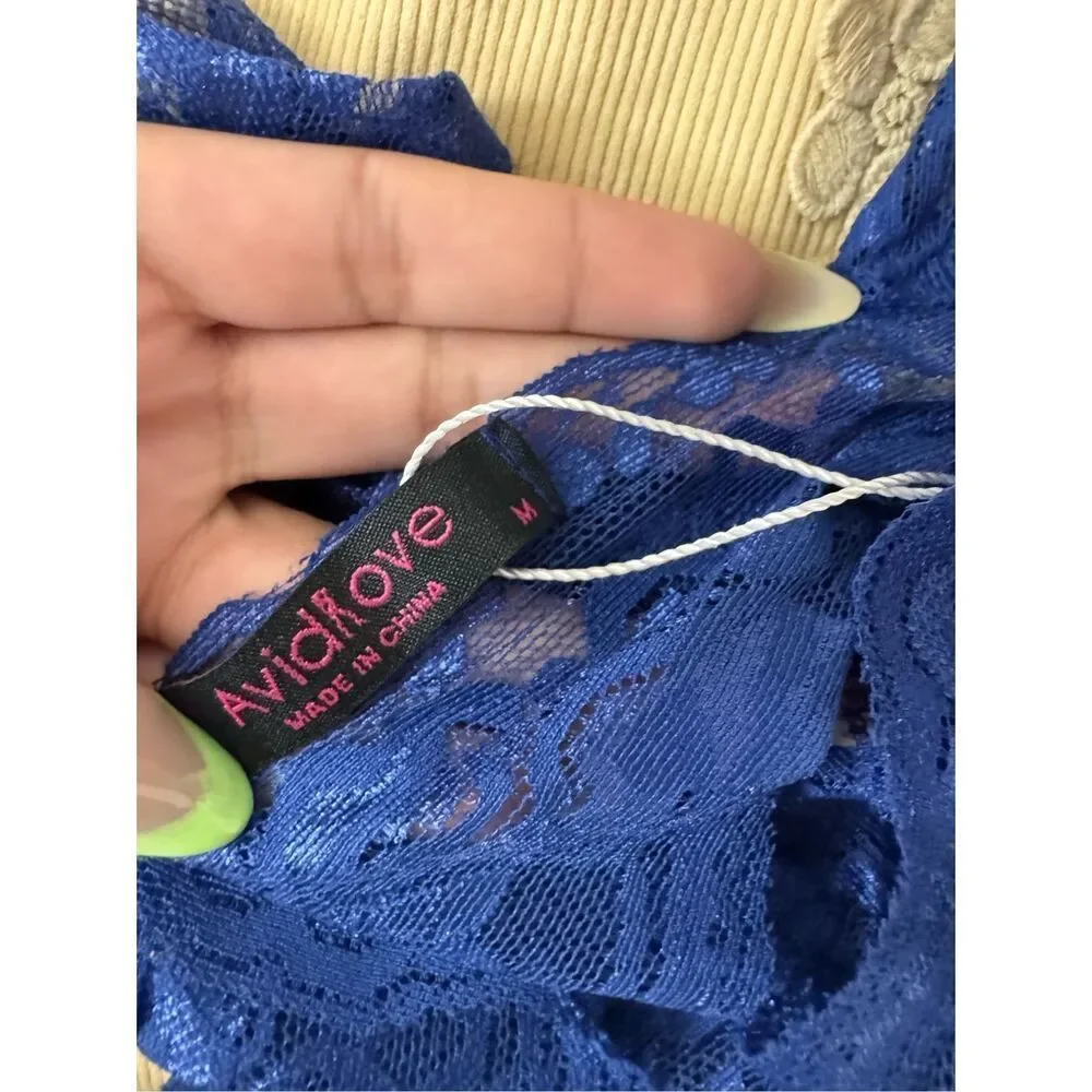 Avidlove Blue Lace Teddy Bodysuit Sheer Deep V Lingerie Open Back Size M